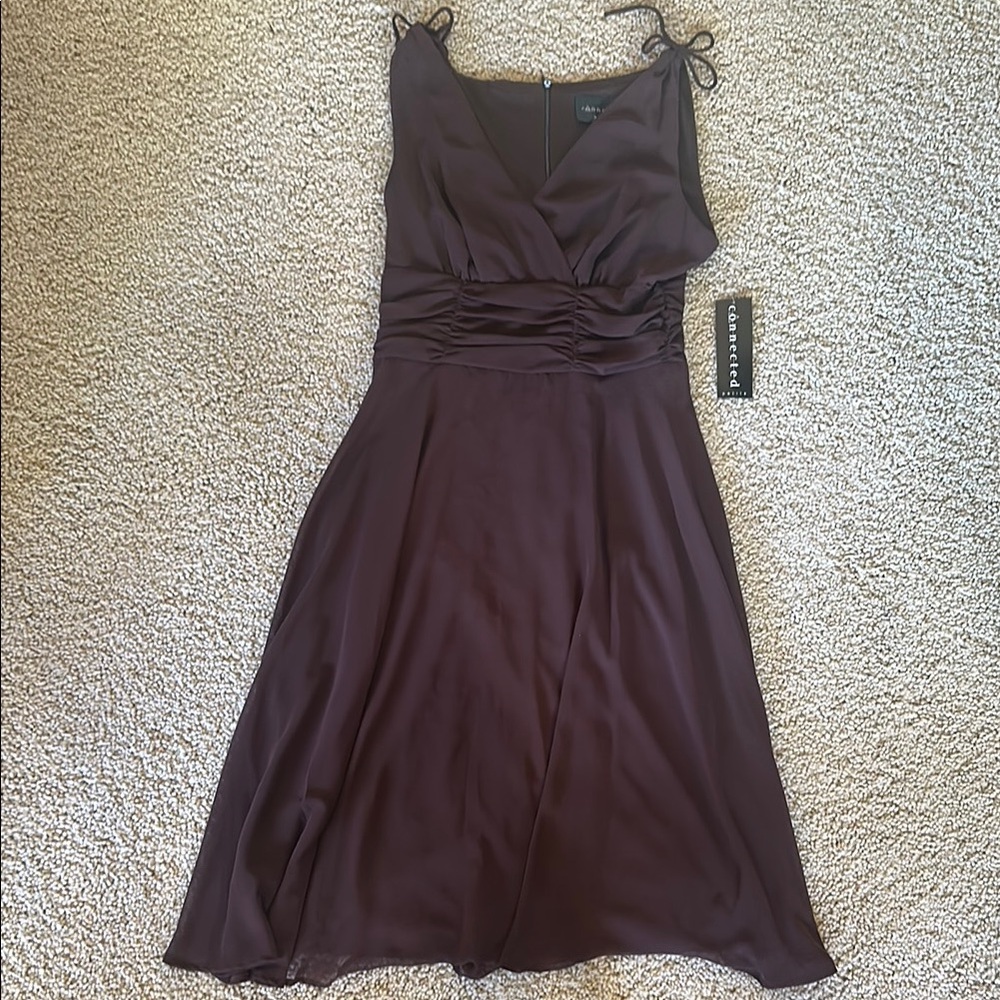 Connected Apparel Brown Ruched V-neck Midi Dress